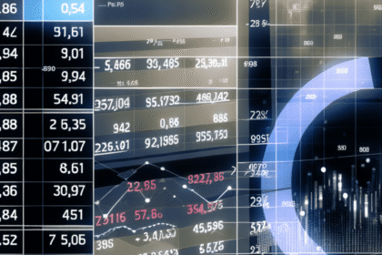 Painel de dados financeiros com tabelas, gráficos e números, mostrando indicadores de mercado e tendências econômicas.