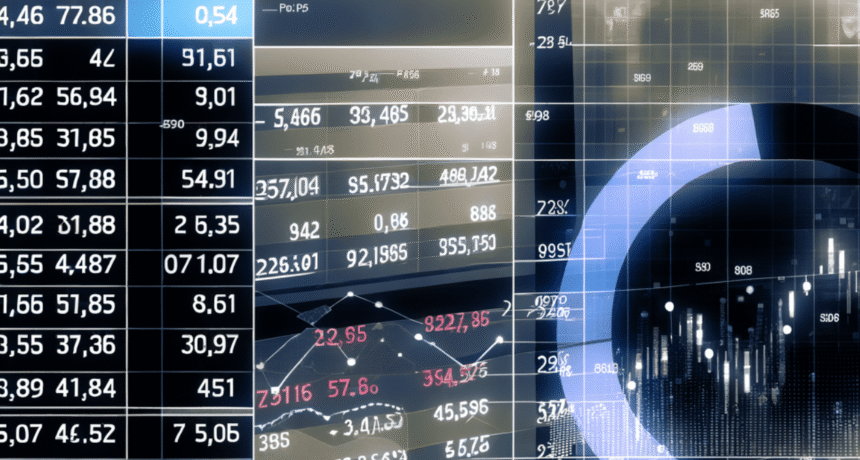 Painel de dados financeiros com tabelas, gráficos e números, mostrando indicadores de mercado e tendências econômicas.
