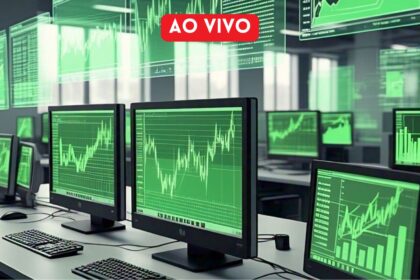 Monitores exibem gráficos de ações em tempo real em uma sala de negociação, destacando análise financeira ao vivo.