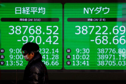 Homem de máscara caminha em frente a um painel digital de cotações da bolsa japonesa, mostrando índices Nikkei e NY Dow em queda.