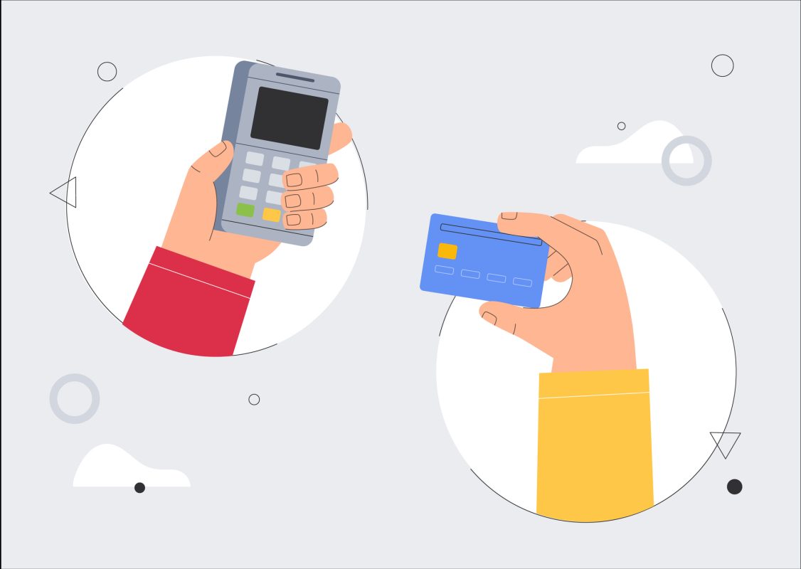Mãos segurando máquina de cartão de crédito e um cartão azul, simbolizando transação digital segura e moderna.