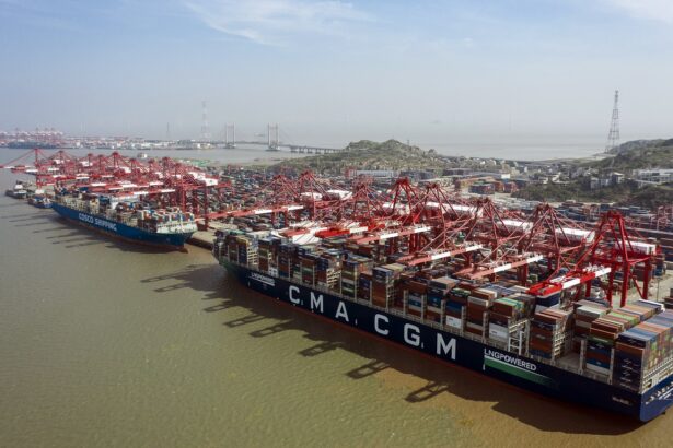 Navios de carga atracados em um movimentado porto, com guindastes vermelhos operando contêineres. Paisagem portuária ao fundo.