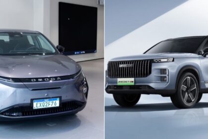 Comparação de SUVs modernos: à esquerda, carro prateado com design futurista; à direita, veículo cinza robusto e elegante.