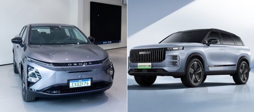 Comparação de SUVs modernos: à esquerda, carro prateado com design futurista; à direita, veículo cinza robusto e elegante.