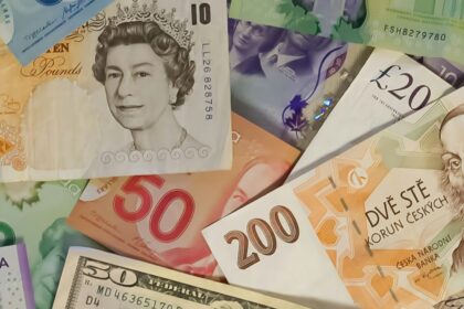 Notas de diferentes moedas, incluindo libras esterlinas, dólares canadenses e coroas checas, simbolizando a diversidade monetária global.