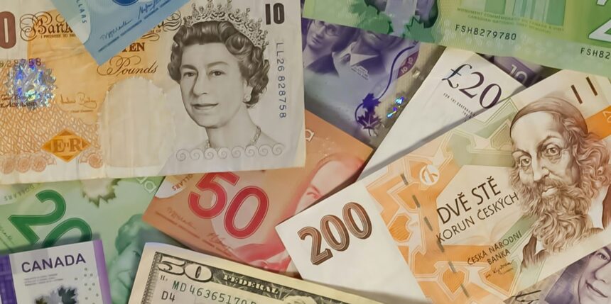 Notas de diferentes moedas, incluindo libras esterlinas, dólares canadenses e coroas checas, simbolizando a diversidade monetária global.