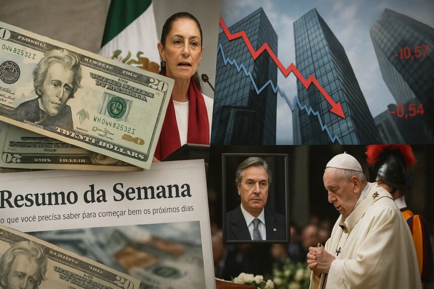 Montagem com gráfico de queda, notas de 20 dólares, líder religioso em cerimônia e personificação política com bandeira.