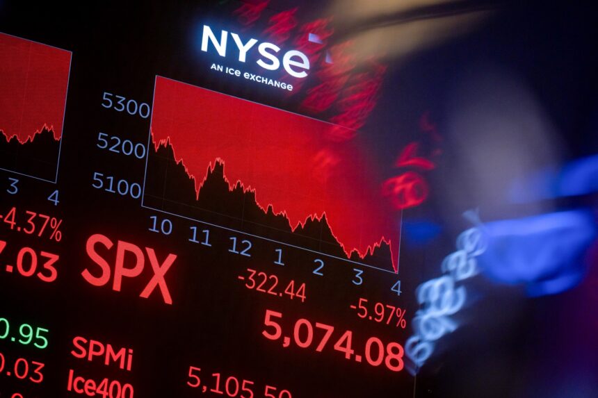 Gráfico de queda no mercado de ações na NYSE, destacando uma baixa significativa do índice SPX em vermelho.