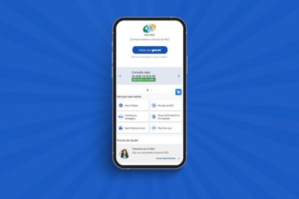 Tela de celular exibe a página inicial do aplicativo Meu INSS com opções de serviços governamentais sem senha.