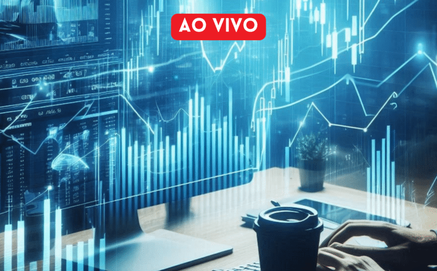 Pessoa analisando gráficos financeiros em um desktop, com gráficos de ações em destaque. Análise de mercado ao vivo.
