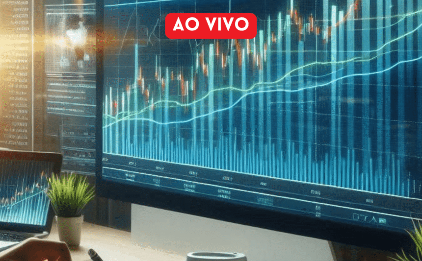 Tela de computador exibe gráficos financeiros ao vivo, com linhas e barras indicando dados do mercado em tempo real.