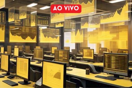 Sala de controle com monitores exibindo gráficos financeiros ao vivo, destacando análise de dados e mercado em tempo real.