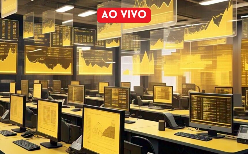 Sala de controle com monitores exibindo gráficos financeiros ao vivo, destacando análise de dados e mercado em tempo real.