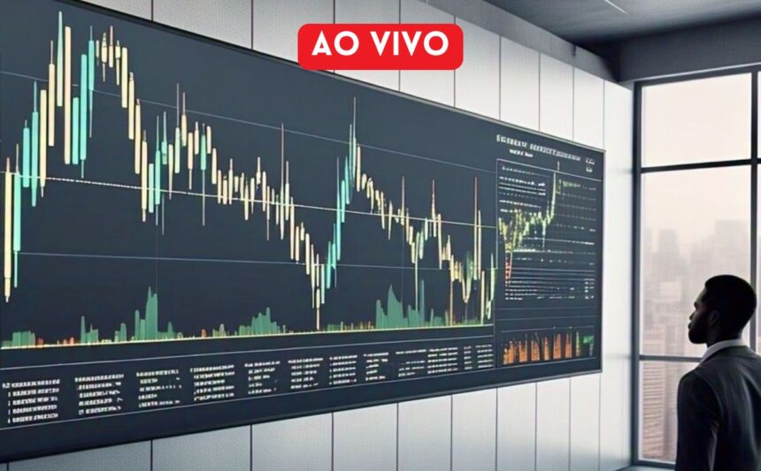 Homem observa gráfico de ações em sala moderna com painel grande, destacando análise financeira em tempo real.