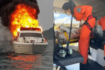 Lancha em chamas no mar; resgate aéreo com profissionais auxiliando vítima, reforçando a urgência do salvamento.