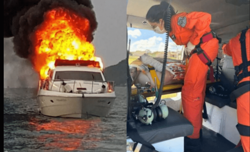 Lancha em chamas no mar; resgate aéreo com profissionais auxiliando vítima, reforçando a urgência do salvamento.