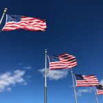 Bandeiras dos Estados Unidos tremulam contra o céu azul, simbolizando patriotismo e orgulho americano.