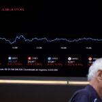 Painel da bolsa de valores Bovespa mostra queda de 3,18% com gráfico de variação e cotações de ações; homem passando.
