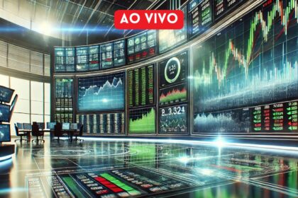 Painel digital com gráficos financeiros em alta, sinalizando mercado de ações ao vivo, em um ambiente moderno de negociação.
