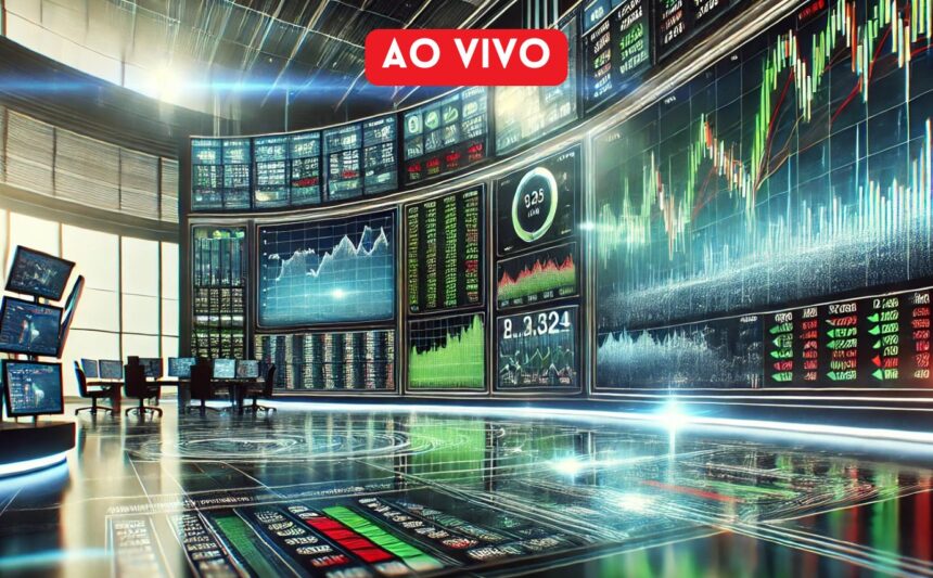 Painel digital com gráficos financeiros em alta, sinalizando mercado de ações ao vivo, em um ambiente moderno de negociação.