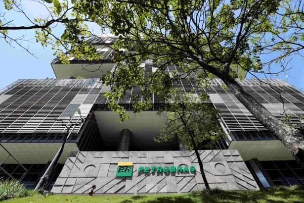 Prédio da sede da Petrobras com fachada moderna, cercado por árvores, destacando-se em um dia de céu claro e azul.