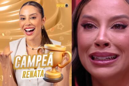 Mulher sorridente com troféu e título de campeã; ao lado, close de expressão emotiva. Contexto de competição.