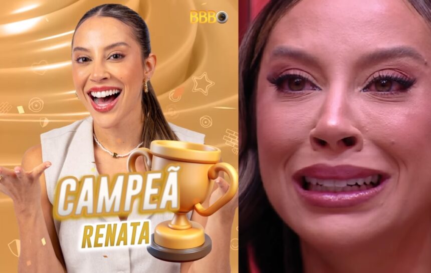 Mulher sorridente com troféu e título de campeã; ao lado, close de expressão emotiva. Contexto de competição.