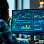 Pessoa analisando gráficos de ações em monitor, destacando tendências e dados financeiros em ambiente corporativo moderno.