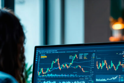 Pessoa analisando gráficos de ações em monitor, destacando tendências e dados financeiros em ambiente corporativo moderno.