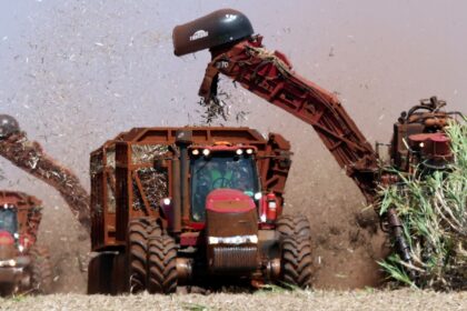 Máquinas agrícolas colhem cana-de-açúcar em campo, destacando-se a atividade automatizada no agronegócio brasileiro.