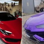 Dois carros esportivos luxuosos, um vermelho em uma garagem moderna e um roxo estacionado ao ar livre.