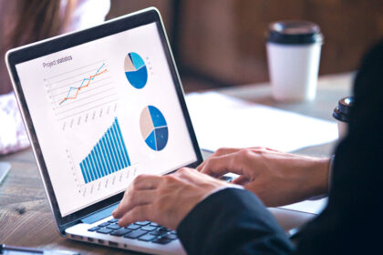 Pessoa analisando gráficos de projeto em laptop, com gráficos de linhas e setores destacados na tela, em ambiente de escritório.