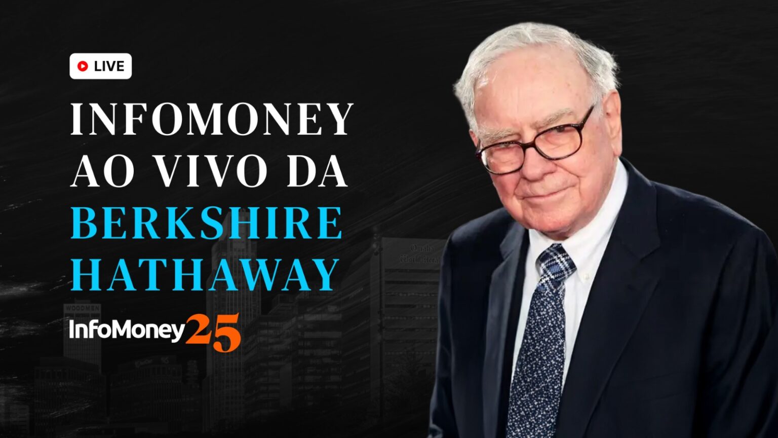 Transmissão ao vivo da InfoMoney na conferência da Berkshire Hathaway, destacando investimentos e estratégias financeiras.