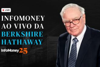Transmissão ao vivo da InfoMoney na conferência da Berkshire Hathaway, destacando investimentos e estratégias financeiras.