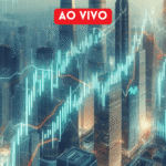 Gráficos de ações sobrepostos a uma vista aérea de uma cidade moderna, com destaque para edifícios e atividade financeira.