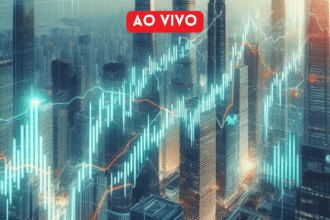 Gráficos de ações sobrepostos a uma vista aérea de uma cidade moderna, com destaque para edifícios e atividade financeira.