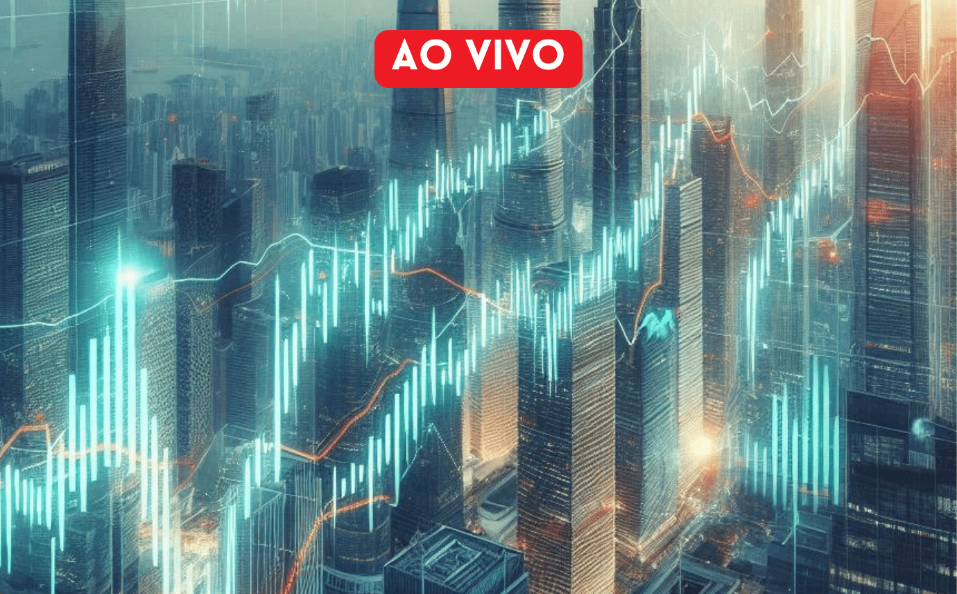 Gráficos de ações sobrepostos a uma vista aérea de uma cidade moderna, com destaque para edifícios e atividade financeira.