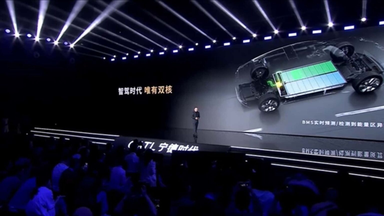 Palco com apresentação sobre tecnologia de baterias automotivas; destaque para imagem técnica projetada em tela grande.
