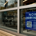 Cartaz de Now Hiring em uma vitrine, destacando benefícios como descontos em mercadorias e horários flexíveis.