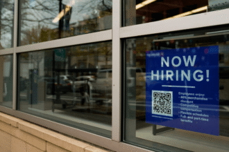 Cartaz de Now Hiring em uma vitrine, destacando benefícios como descontos em mercadorias e horários flexíveis.