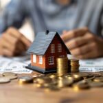 Miniatura de casa cercada por moedas empilhadas, simbolizando investimento imobiliário e finanças pessoais.