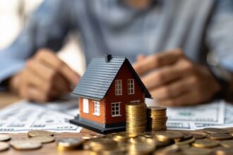 Miniatura de casa cercada por moedas empilhadas, simbolizando investimento imobiliário e finanças pessoais.