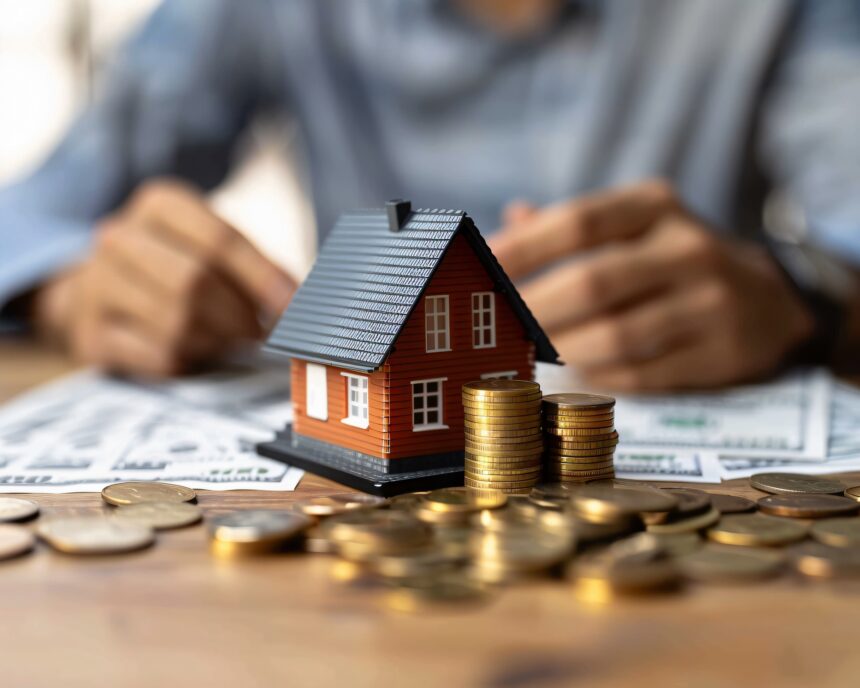 Miniatura de casa cercada por moedas empilhadas, simbolizando investimento imobiliário e finanças pessoais.