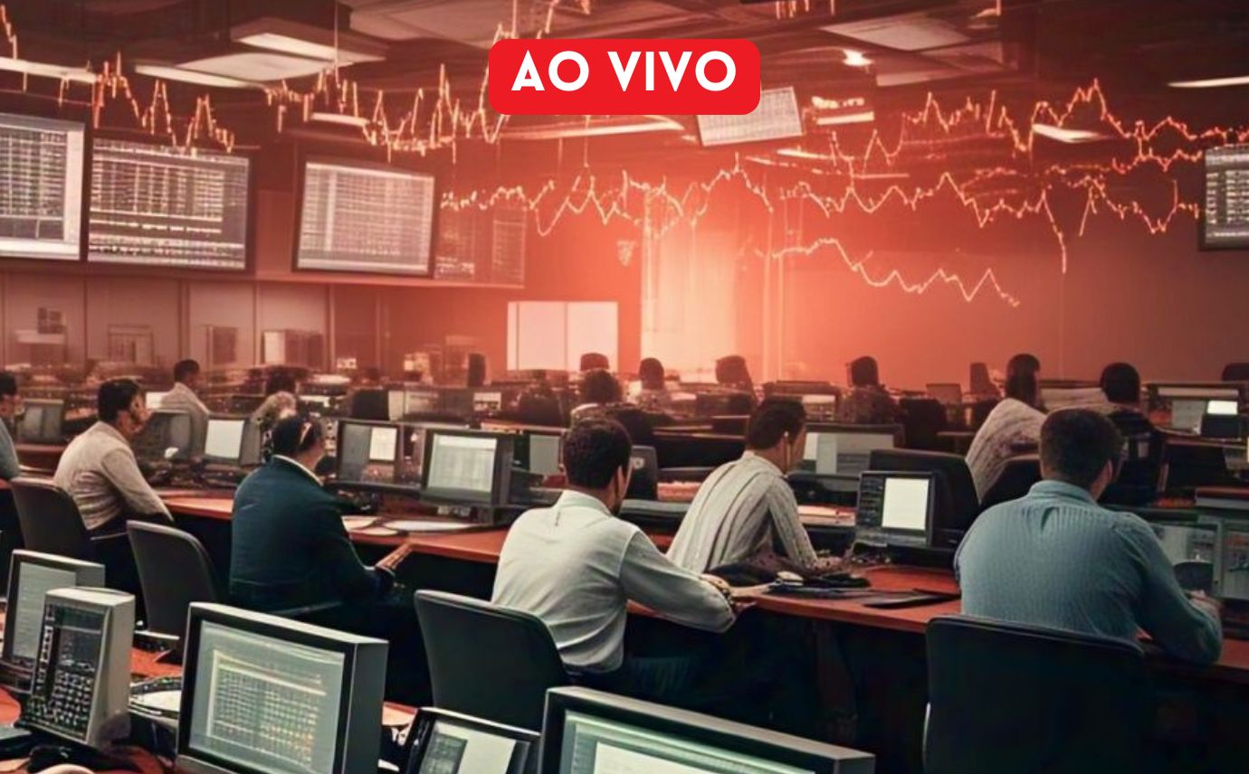 Homens em uma sala de operações observam gráficos em múltiplas telas, enquanto cotações piscam.