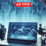 Reunião ao vivo sobre finanças, com gráficos econômicos exibidos em um laptop, enquanto pessoas trabalham em grupo.