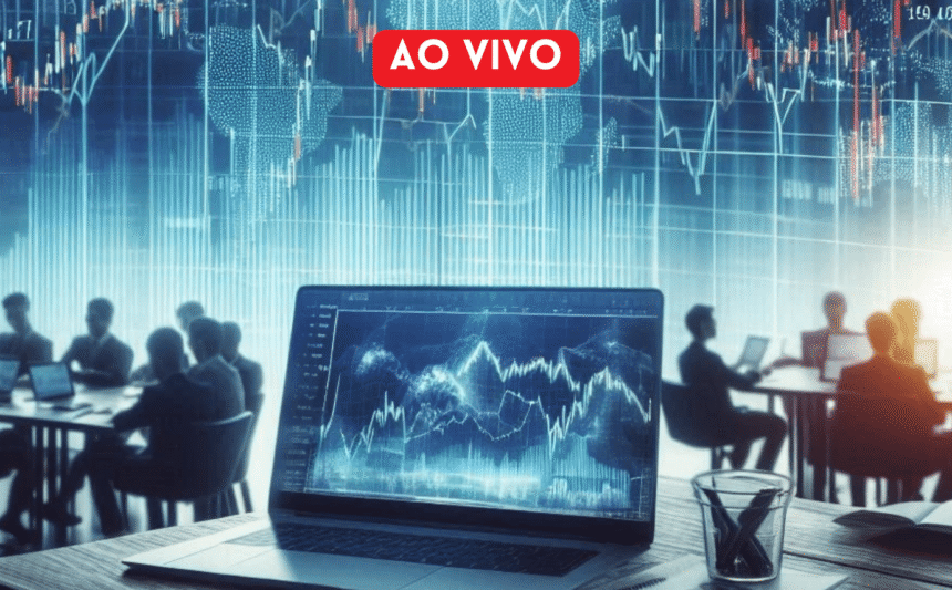 Reunião ao vivo sobre finanças, com gráficos econômicos exibidos em um laptop, enquanto pessoas trabalham em grupo.