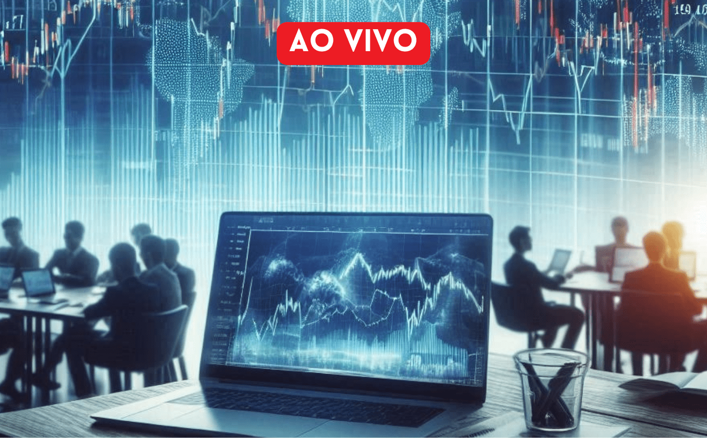 Reunião ao vivo sobre finanças, com gráficos econômicos exibidos em um laptop, enquanto pessoas trabalham em grupo.