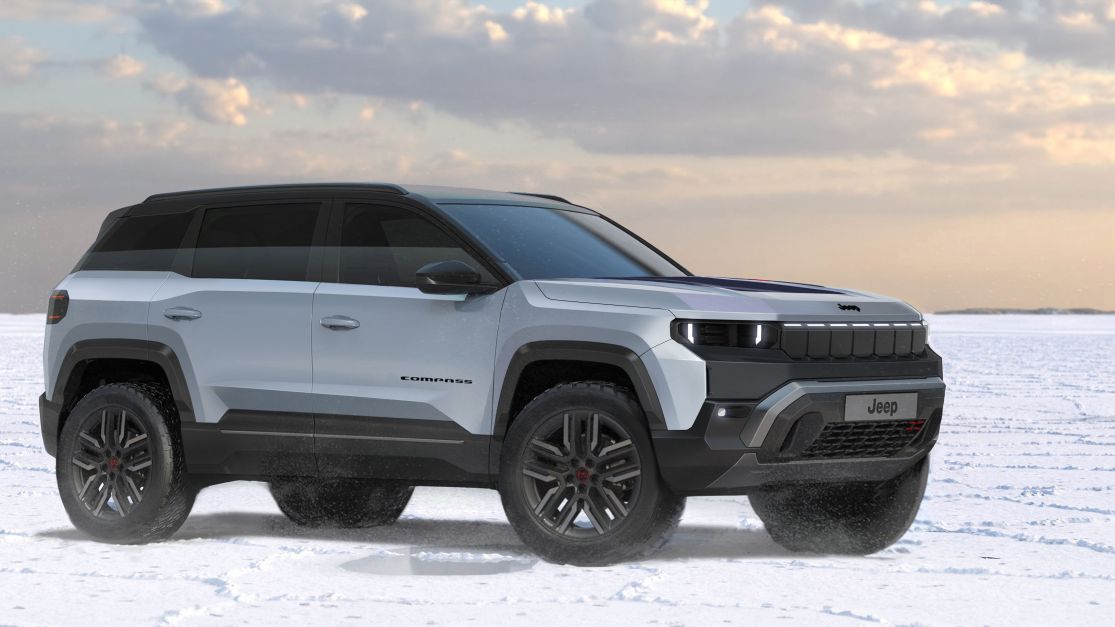 SUV Jeep Compass prateado em movimento sobre terreno nevado, destacando seu design robusto e performance off-road.