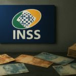 Logotipo do INSS com cédulas de real brasileiro em um fundo neutro, simbolizando benefícios previdenciários.