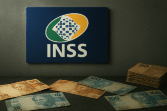 Logotipo do INSS com cédulas de real brasileiro em um fundo neutro, simbolizando benefícios previdenciários.